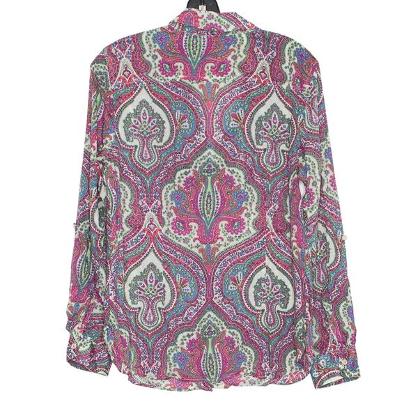 Talbots Top Sheer Lightweight Roll Tab Cottage Artsy Maximalist Button Up Medium - Picture 2 of 5